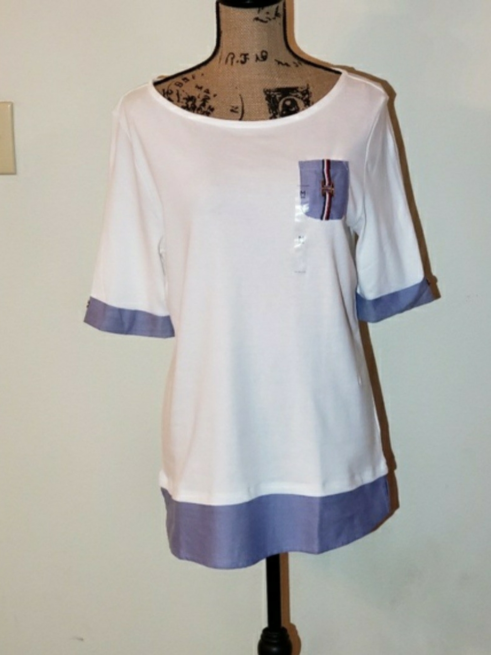 Tommy Hilfiger White Top with Light Chambrey Trim and Pocket